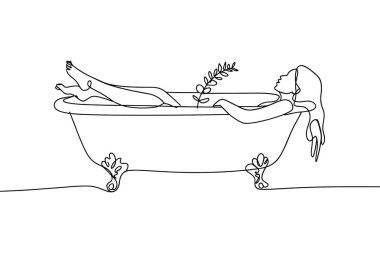 Minimalist bir çizginin çiziminde klasik bir pençe küvetinde yatan bir kadın görülüyor. O, bacakları açık ve kafası küvetin kenarında dinleniyor. Vücudunun yanına yapraklı küçük bir filiz konur. Çizim...