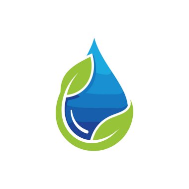 İki stilize edilmiş yeşil yaprakla bezenmiş, hafif eğimli canlı mavi bir su damlası içeren minimalist bir logo tasarımı. Yapraklar damlanın etrafındaki kıvrımlar koruma ve doğal büyümeyi gösteriyor. Genel izlenim tazelik ve saflıktır., 