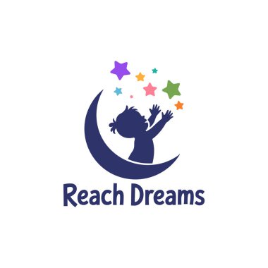 Koyu mavi hilal şeklinde bir ay üzerinde, kollarını uzatarak yukarı uzanan koyu mavi bir çocuğun siluetini içeren tuhaf bir logo. Çocuğun üzerinde, mor, pembe, yeşil ve turuncu tonlarda renkli yıldızlar beyazlar boyunca dağılmış.