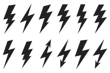 İki sıra halinde dizilmiş on iki siyah yıldırım simgesi koleksiyonu. Cıvatalar şekil ve oryantasyonda biraz değişiklik gösterirken, bazıları yukarı ve diğerleri aşağı doğru işaret ediyor. Hepsi düz beyaz bir arkaplan karşısında siyah siluetler.