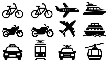 Değişik ulaşım şekillerini temsil eden on iki siyah siluet simgesinden oluşan bir ızgara. İkonlar arasında iki bisiklet, iki motosiklet, iki uçak, bir yat, bir yolcu gemisi, bir taksi, bir tramvay, bir polis arabası ve bir teleferik yer alıyor. Hepsi 