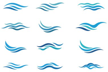 Beyaz arka planda bir ızgarada 12 farklı mavi dalga ikonundan oluşan bir koleksiyon. Her bir simge, şekil ve kalınlıktaki değişimlerle su hareketini temsil eden, akıcılık ve enerji hissini ileten biçimlendirilmiş çizgilere sahiptir..