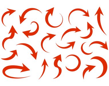 Çeşitli kırmızı oklar ve kıvrımlı şekiller temiz beyaz bir arkaplanda düzenlenir. Oklar düz, kıvrımlı ve girdap şeklinde dizaynlar içeren bir dizi stil sergiliyor, bazı oluşum döngüleriyle. Bu grafik ögesi dizisi indic için idealdir