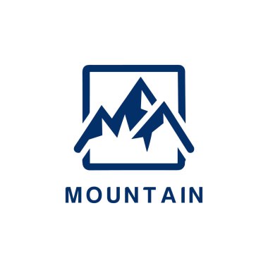 Metin sembolü tepe noktalı Minimalist Mavi Dağ logosu.