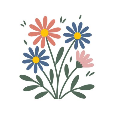 Papatya ve yapraklı renkli soyut çiçek çizimi