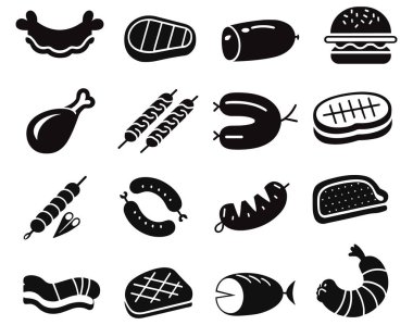 Kara Et ve Yiyecek Koleksiyonu Simgeleri Anahtar sözcükler et, yemek, ikon, biftek, hamburger, sosis