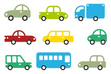 Beyaz arkaplanda renkli çizgi film araçları koleksiyonu