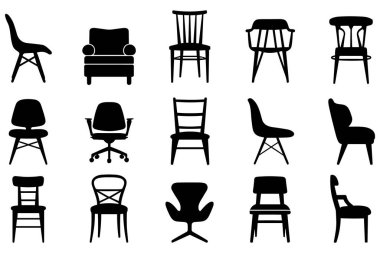 Çeşitli stillerde 15 adet siyah sandalye silueti koleksiyonu