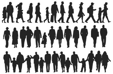 Silüet kalabalığı içinde yürüyen çeşitli insan grupları.