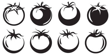 Sekiz siyah beyaz domates ikonu meyve sebzesi.