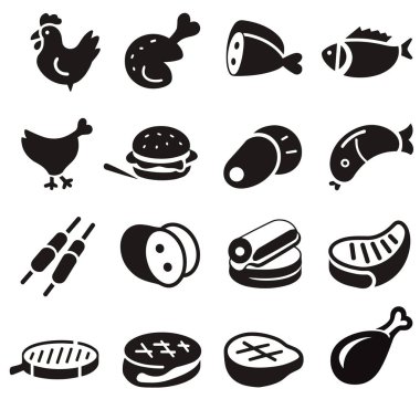 16 adet siyah beyaz yemek ikonu tavuk budu.
