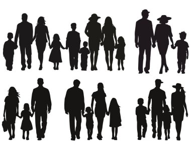 Çeşitli kompozisyonlarda birlikte yürüyen ailelerin siluetleri.
