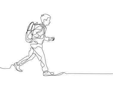 Sırt çantasıyla yürüyen bir kişinin tek çizgi çizimi.