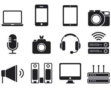 Siyah teknoloji ve ortam simgeleri dizüstü bilgisayarı koleksiyonu