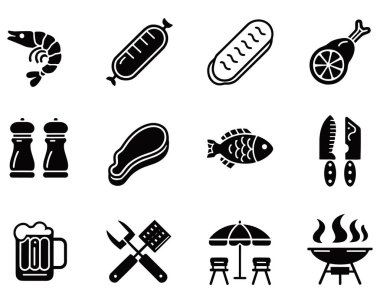 Siyah barbekü ve yemek simgeleri çeşitleri.