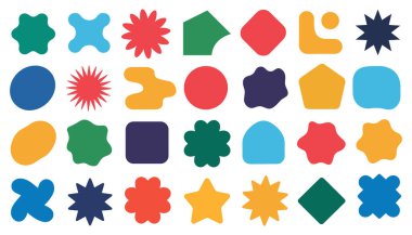 Renkli, soyut geometrik şekiller ve kabarcıklar.