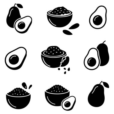Avokado koleksiyonu ve siyah siluette kase simgeleri