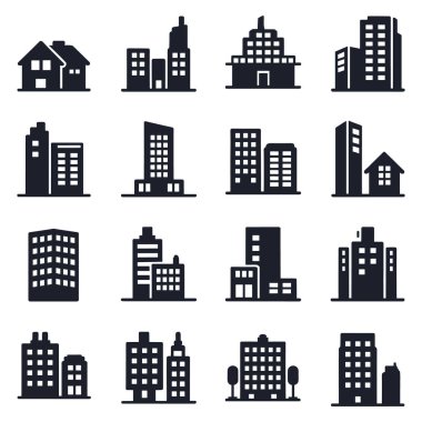 Şehir Mimarisini Temsil Eden Siyah Bina Simgeleri Seti