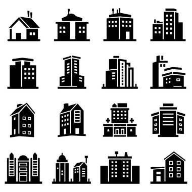 Çeşitli binaların siyah siluet simgeleri. Binalar, mimari, evler.