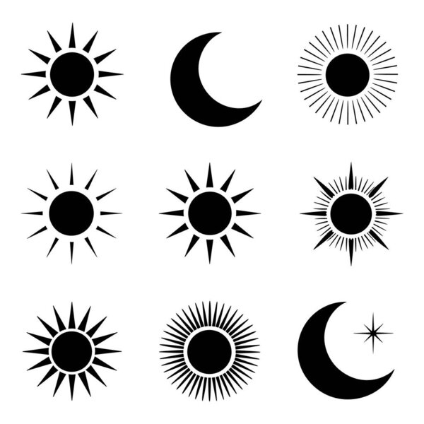 Set Of Black Sun And Moon Icons Keywords sun, moon, crescent moon, star, celestial, icon
