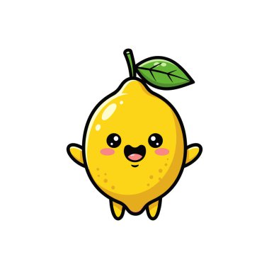 Yeşil Yaprak ve Kolları Kalkmış Şirin Kawaii Limon Karakteri