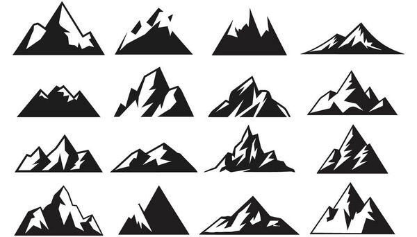 Коллекция стилизованных икон горного пика в черно-белом