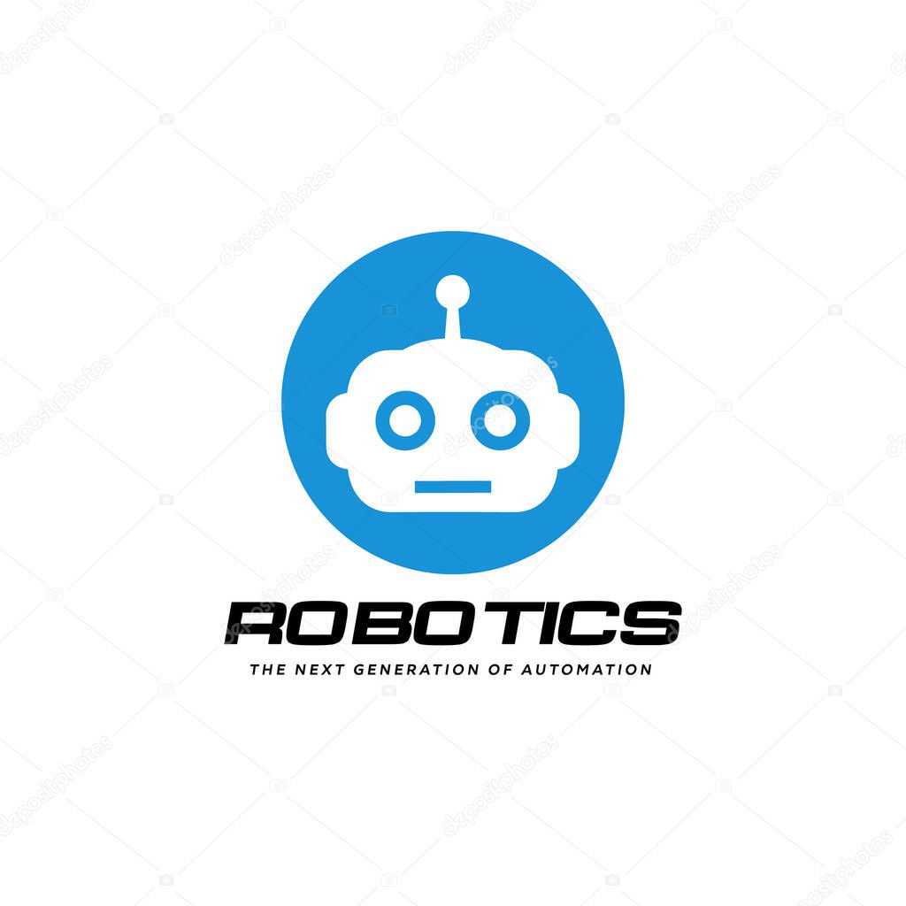 Blue circle robot head logo with text robotics automation Vector.