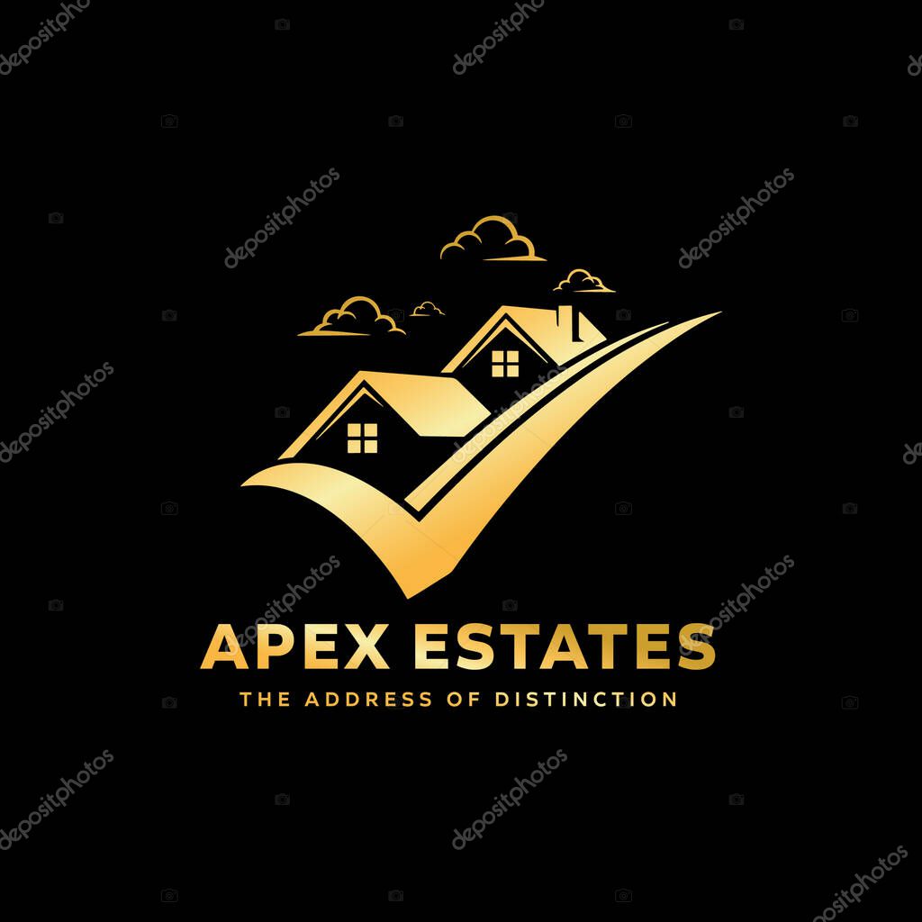 Golden Real Estate Logo with Houses and Checkmark property Vector.