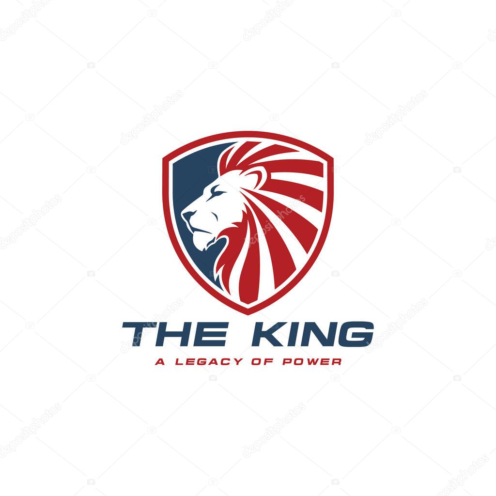 Red and Blue Shield with Lion Head Logo king profile Vector.