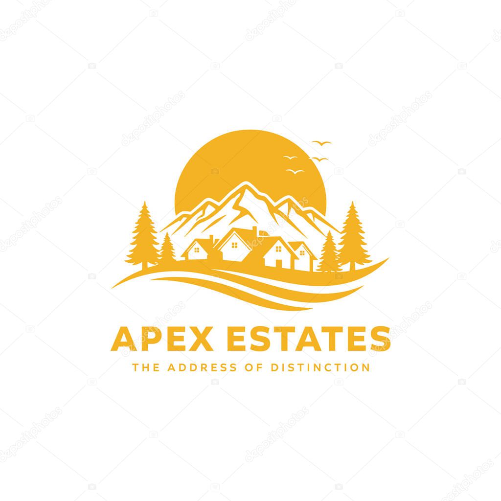 Mountain Home and Real Estate Vector Logo. Nature Village Scene with Sun and Trees Vector.