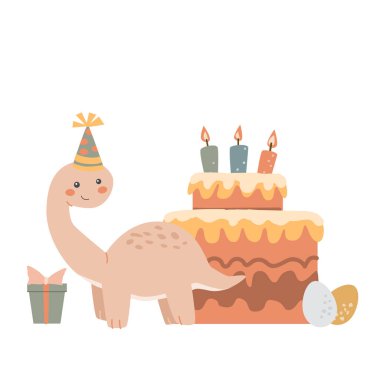 Doğum günü pastası ve çizgi film tarzında mumları olan şirin bir dinozor..