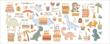 Dinozor doğum günü kutlaması: renkli pastalar, balonlar ve çocuklar için süslemeler. Şirin dino doğum günü klip seti. Bebek dindarlar, pastalar, izole edilmiş festival elementleri, vektör illüstrasyonu