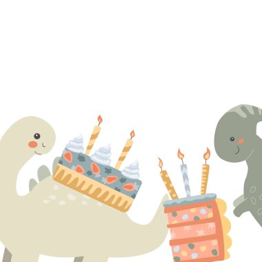 Şirin dinozorlar doğum gününü pastalar ve mumlarla kutluyor..