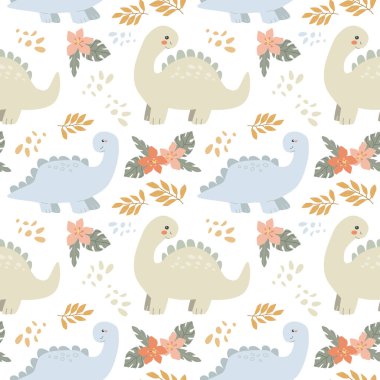 Siyah arka planda yaprakları ve çiçekleri olan sevimli dinozor deseni..