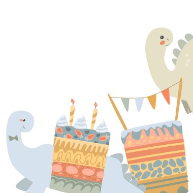 Pasta ve süslemelerle renkli dinozor temalı doğum günü kutlaması.