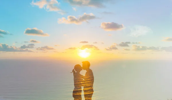 Couple Kissing Sunset Double Exposure Image — Stock Photo, Image