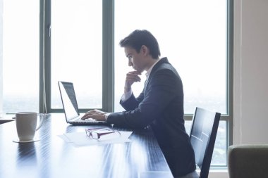 ofiste bilgisayar kullanarak iş adamı.