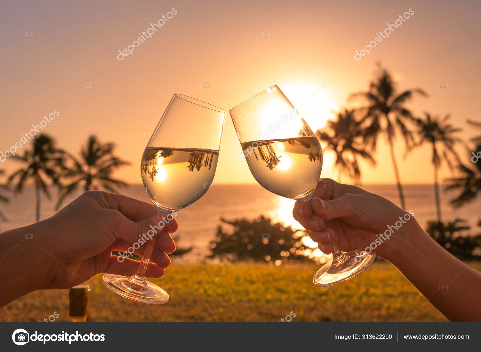 Cheers Wine Glasses Beautiful Sunset Beach Setting Stock Photo by