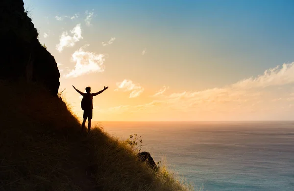Homem Beira Penhasco Montanha Com Punho Conceito Liberdade Felicidade Aventura — Fotografia de Stock