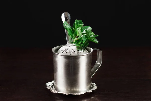 Alcohol Cocktail Fresh Mint Metal Mug Black Background — Stock Photo, Image