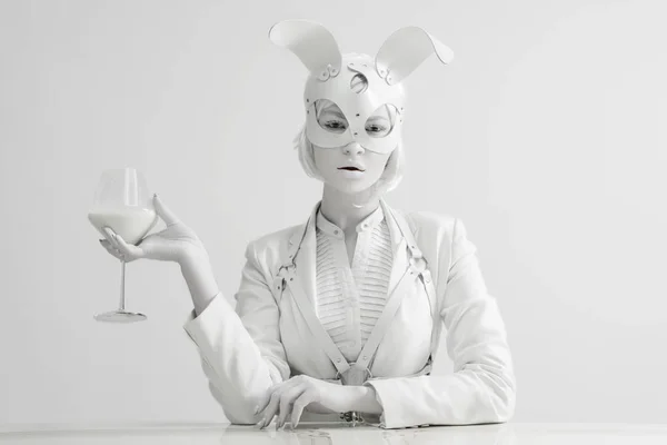 Studio Fashion Portrait Beautiful White Lady Mask Rabbit Glass Milk — Stock Photo, Image