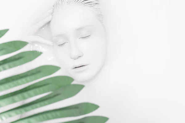 Portrait Girl White Face Lying Bath Milk Palm — Stock Photo, Image