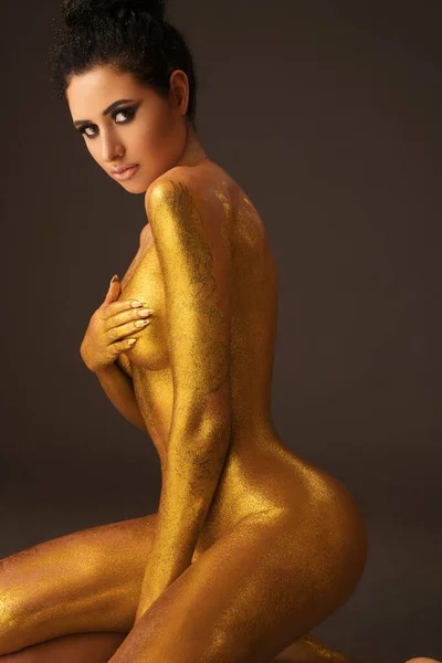 Fashion Art Studio Photo Elegant Nude Woman Golden Body Fashion — Stock Photo, Image