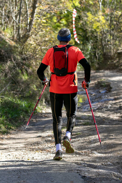 Человек с треккинговыми столбами, бегущий вдоль солнечной тропы