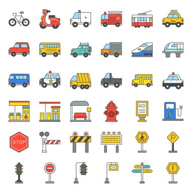 Ulaşım işareti ile dolu yol yan, anahat simgesini ayarla