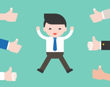 Neşeli işadamı ile takım oy thumps up, düz tasarım iş kavramı, vektör çizim Aferin atlama