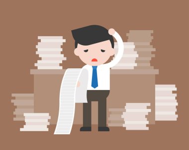 Holding ve rapor duygu uzun kağıt okuma iş adamı şaşırtmak ve ofiste tabloda kağıt yığını bıkmış, stres iş yükünü ve kavramı, vektör çizim yanık