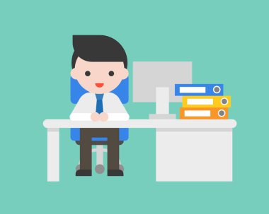 Ofis ve bilgisayar, düz tasarım, vektör çizim masasında sandalye üzerinde oturan işadamı