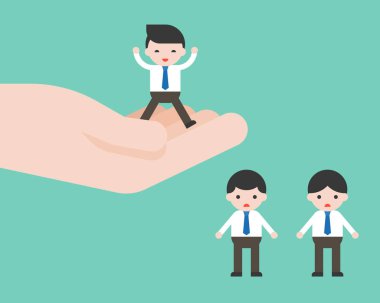 Büyük yandan mutlu işadamı izin kat, iş promosyon ve rekabet kavramı, vektör çizim üzerinde üzgün başka bir iş adamları