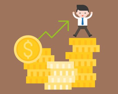 Altın paralar, iş durum kavramı, düz tasarlamak vektör, vektör çizim yükselen yatırım dolar Döviz Alım fiyatından zenginlikleri yığın üzerinde duran sevimli iş adamı